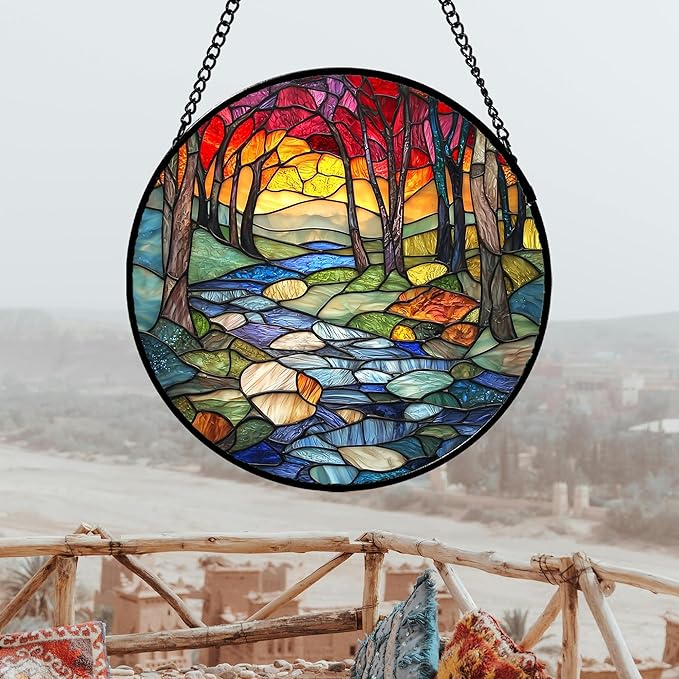 Stained Glass Window Hanging, Red Tree Abstract Sunset Lake Sun Catcher for Window Home Decor Landscape Suncatcher Mother's Day Birthday Gifts for Women Men Mom and Nana 15 in