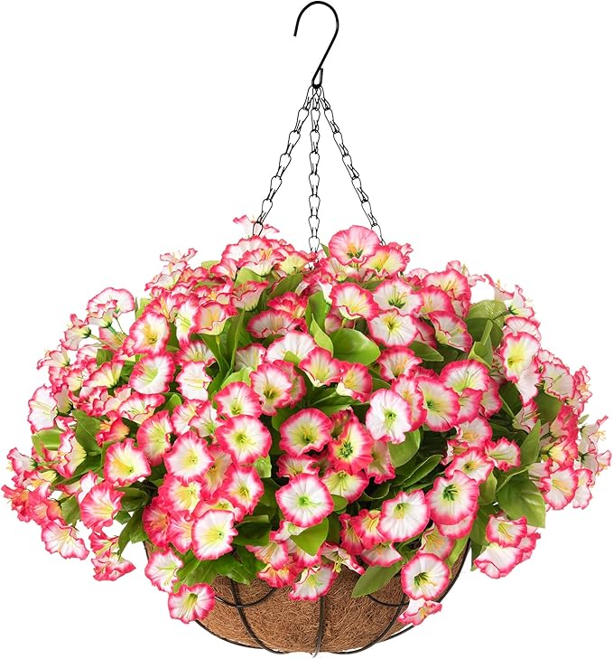 Artificial Hanging Flower Plants with Basket for Outdoor Decoration, Faux Petunias Flowers Fake Morning Glories Planter for Outside Patio Garden Porch Balcony Yard Decor(Pink)