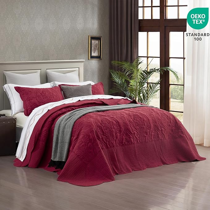 CHIXIN Bedspread Coverlet Set Queen Size - Lightweight Bedding Cover - Beautiful Stitching - 5 Piece Reversible Bedspread - Gorgeous Damask Paisley Pattern (Queen, Wine Red)