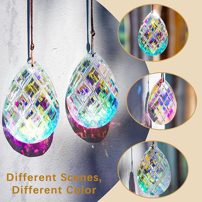 HDCRYSTALGIFTS Set 2 Crystal Sun Catcher Prisms Pendant for Window Hanging Decor,3inch AB Colored Crystal Suncatchers Rainbow Maker Light Catcher for Home Indoor Garden Christmas Tree Ornament