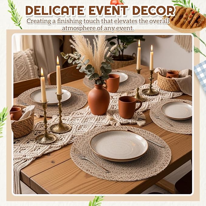 12 Pcs Jute Placemats Boho Braided Woven Table Mats for Dining Table Farmhouse Coasters for Thanksgiving Christmas Party Wedding Events (Classic,13 Inches)