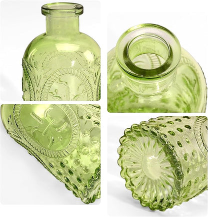 Embossed Bud Vases Set of 24, Vintage Flower Vase Green Glass Mini Vases for Centerpieces, Decorative Small Vase Bulk for Flowers, Wedding Table Decorations, Party, Baby Shower, Home Decor,