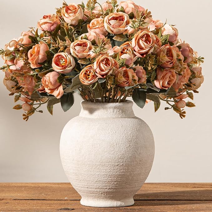Ceramic Rustic Farmhouse Vase, 6 Inch White Small Flower Vase Decorative Vase Short Pottery Vases for Home Decor Table Living Room Entryway Mantel Bookshelf Bedroom Bathroom Kitchen - White