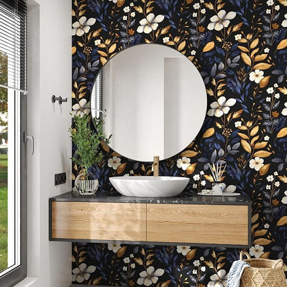 Blue/Gold Leaf Wallpaper Peel and Stick Vintage Dark Floral Wallpaper Waterproof Self Adhesive Removable Boho Wall Paper Modern for Bedroom Walls Drawer Cabinet 17.5in x393in