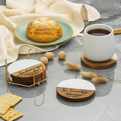 AWESOMETIK Custom Personalized Marble and Acacia Wood Coasters for Cups – Engraved Round Bar Coasters with Monogram, Wedding Gift for Couples, Anniversary, Housewarming, or Engagement Home Decor Set