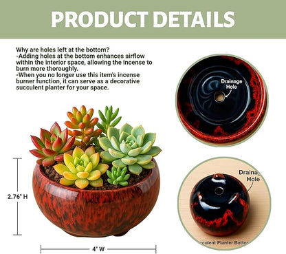 Incense Burner with Calabash Incense Stick Holder - Porcelain Charcoal Censer for Use with Resin Granular Powder Cone or Coil Incense (Kiln-Colored Red)