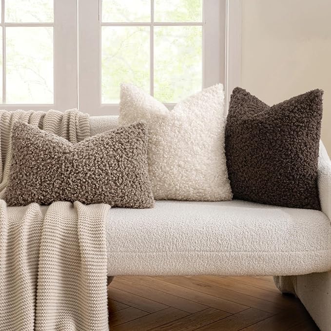 MIULEE Pack of 2 Lumbar Throw Pillow Covers 12x20 Inch Neutral Khaki Faux Fur Decorative Sherpa Pillow Covers Fuzzy Accent Soft Sheepskin Fleece Cushion Cases for Boho Home Decor Living Room Bed Chair