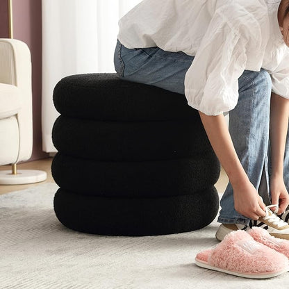 Flouki 20.1" Storage Ottoman Round, Vanity Stools for Bedroom, Entryway Ottoman for Console Table, Ottoman Stool for Girls Women, Foot Stool for Living Room Set of 2, Sherpa Black