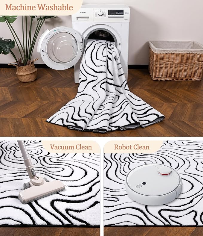 YIHOUSE Modern Rugs for Living Room 6x9, Washable Black and White Bedroom Rug, Fluffy Geometric Dining Room Rugs for Under Table Home Decor