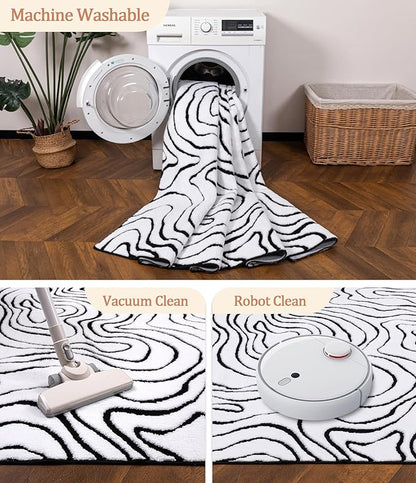 YIHOUSE Modern Rugs for Living Room 5x7, Washable Black and White Bedroom Rug, Fluffy Geometric Dining Room Rugs for Under Table Home Decor
