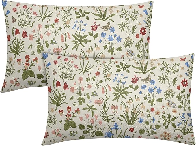 Vitage Floral Lumbar Pillow Covers 12x20 Set of 2 Spring Green Red Cream Pattern Rustic Decorative Outdoor Farmhouse Zipper Flower Pillowcases Decorations Throw Cushion Cover Decor for Couch Sofa Bed