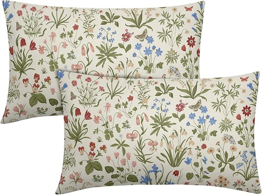 Vitage Floral Lumbar Pillow Covers 12x20 Set of 2 Spring Green Red Cream Pattern Rustic Decorative Outdoor Farmhouse Zipper Flower Pillowcases Decorations Throw Cushion Cover Decor for Couch Sofa Bed