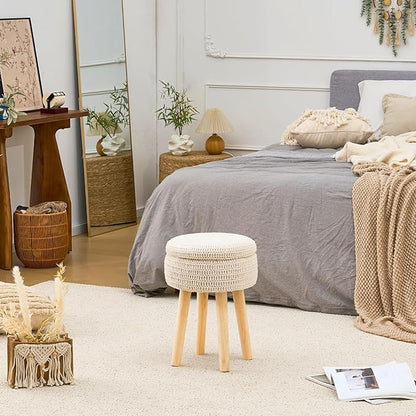 Wimarsbon Pouf Ottoman, 100% Cotton Knitted Boho Footstool, Round Footrest with Non-Skid Wood Legs, Home Décor Handmade Pouffe, Leisure Floor Step Stool for Living Room (High Storage Beige)