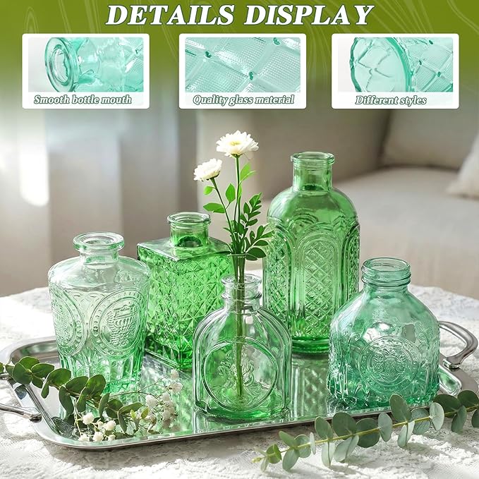 Set of 15 Green Colored Glass Bud Vases - Small Textured Flower Vases for Centerpieces, Wedding Table Decor, Retro Home Decor Bulk Vase Set for DIY, Events & Gifts