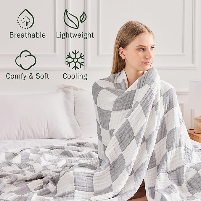 EMME Checkered Throw Blanket Cotton for Couch Soft Muslin Blankets 50"x60" Lightweight Breathable Cooling Soft All Season Gauze, Light Grey