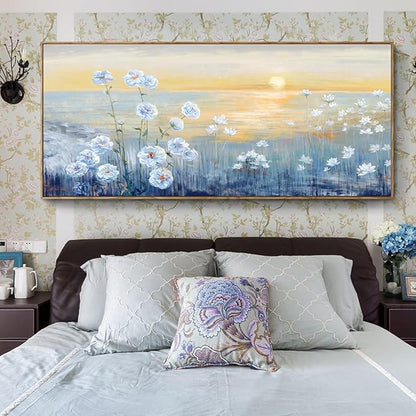 Nicetop Extra Large Framed Blue Ocean Sunset Wall Art Coastal Beach Flowers Canvas Print Sea Sun Natural Seascape Painting Calm Warm Seaside Landscape for Home Bedroom Living Room Office 32x71inch