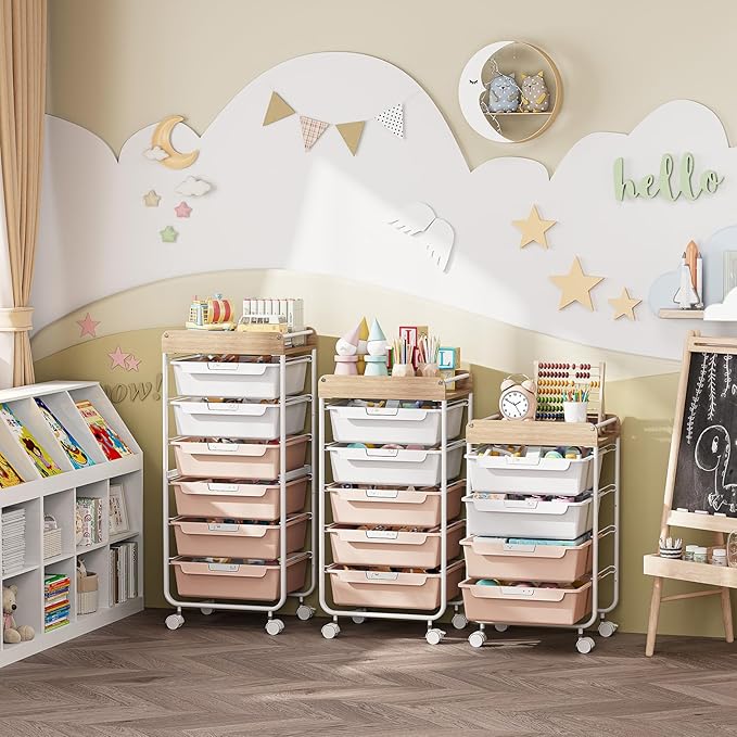 Rolling Storage Utility Cart With 4 Drawers,Kids Craft Art Cart,Makeup Organizer And Storage with Wooden Tabletop,Pearl