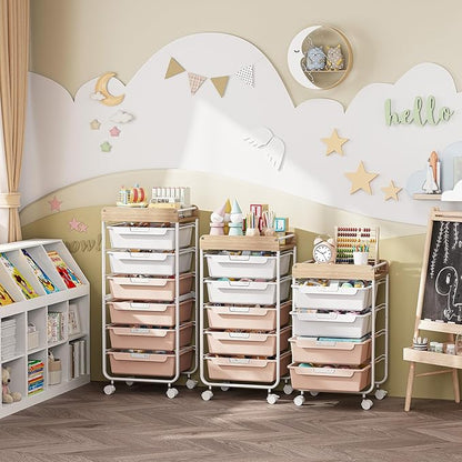 Rolling Storage Utility Cart With 4 Drawers,Kids Craft Art Cart,Makeup Organizer And Storage with Wooden Tabletop,Pearl