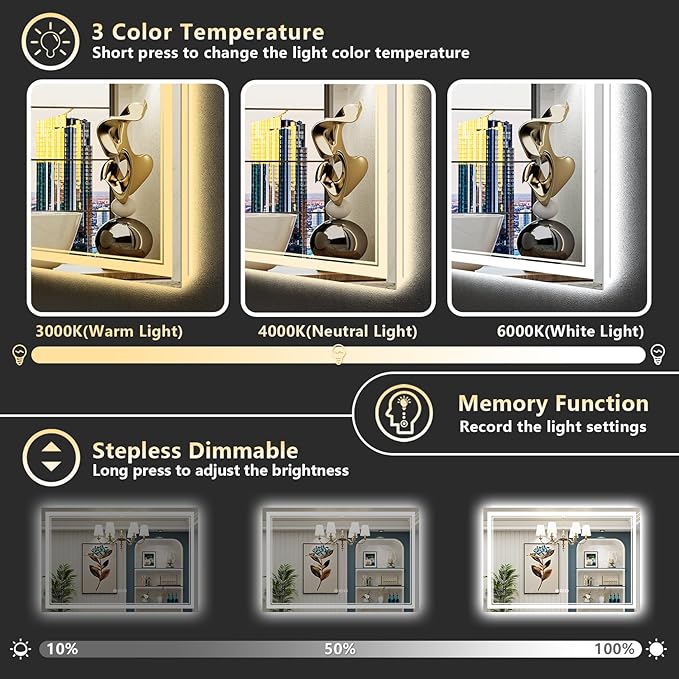 55x30 LED Bathroom Mirror with Lights, Backlit + Front Lit, Anti-Fog Lighted Vanity Mirror for Bathroom Wall with 3 Colors, Stepless Dimmable, Memory, Shatter-Proof, Tempered Glass, ETL Listed