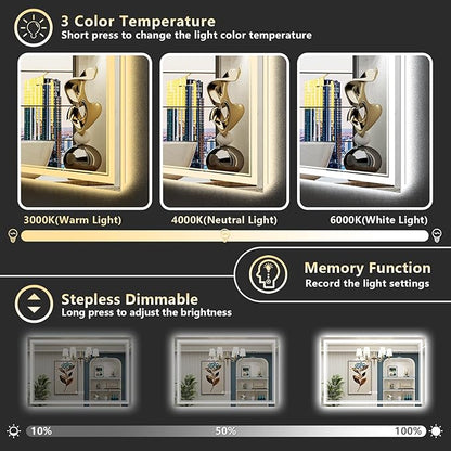 55x30 LED Bathroom Mirror with Lights, Backlit + Front Lit, Anti-Fog Lighted Vanity Mirror for Bathroom Wall with 3 Colors, Stepless Dimmable, Memory, Shatter-Proof, Tempered Glass, ETL Listed