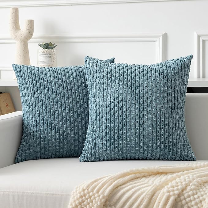 Kevin Textile Throw Pillow Covers Soft Corduroy Decorative Set of 2 Boho Striped Pillow Covers Pillowcases Farmhouse Home Decor for Couch Bed Sofa Living Room 18x18 Inch Blue Grey