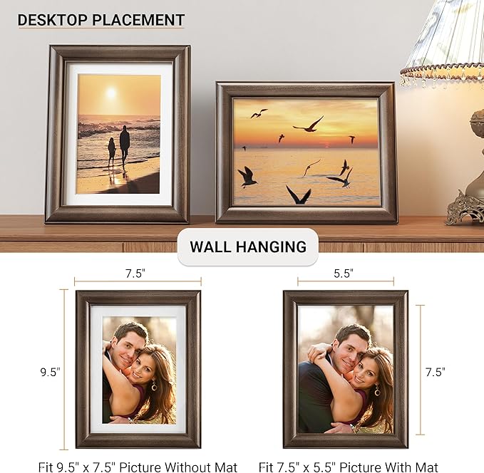 Heimlove 6x8 Picture Frame,6 x 8 Natural Solid Walnut Wood Frame with Tempered Glass,6"x8" Handcrafted Wood Frame Matted to 5x7 Photos for Wall or Tabletop Family picture Display,3 Pack