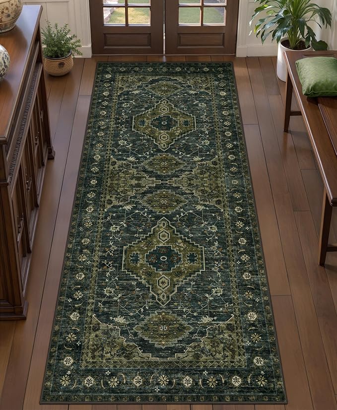 Tangsoo 2x5 Washable Runner Rug for Hallways, Non Slip Vintage Runner Rug, Soft Low Pile Long Rug Runner, Print Distressed Carpet Runners for Kitchen Bedroom Entryway Bathroom Living Room Olive Green
