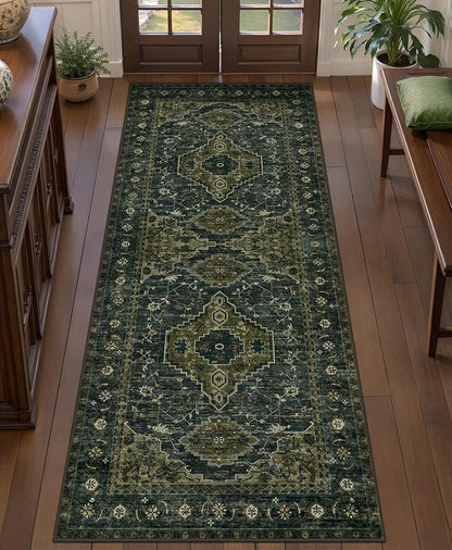 Tangsoo 2x5 Washable Runner Rug for Hallways, Non Slip Vintage Runner Rug, Soft Low Pile Long Rug Runner, Print Distressed Carpet Runners for Kitchen Bedroom Entryway Bathroom Living Room Olive Green