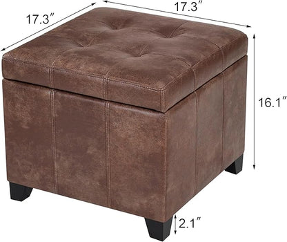 Adeco Faux Leather Storage Ottoman with Hinged Lid, 16 Inch High Vitage Brown Square Cube Foot Stool with Storage, Upholstered Vanity Stool with Solid Wood Legs for Living Room, Bedroom