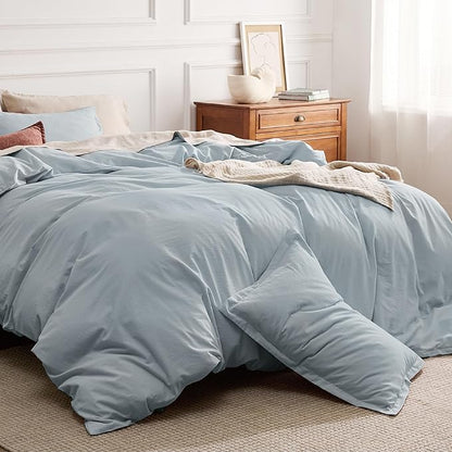Bedsure 100% Stone Washed Cotton Duvet Cover Queen - Cornflower Blue Minimalist Duvet Cover Linen Like for All Seasons - GentleSoft™ Plain Simple Bedding (Cornflower Blue, Queen, 90"x90")