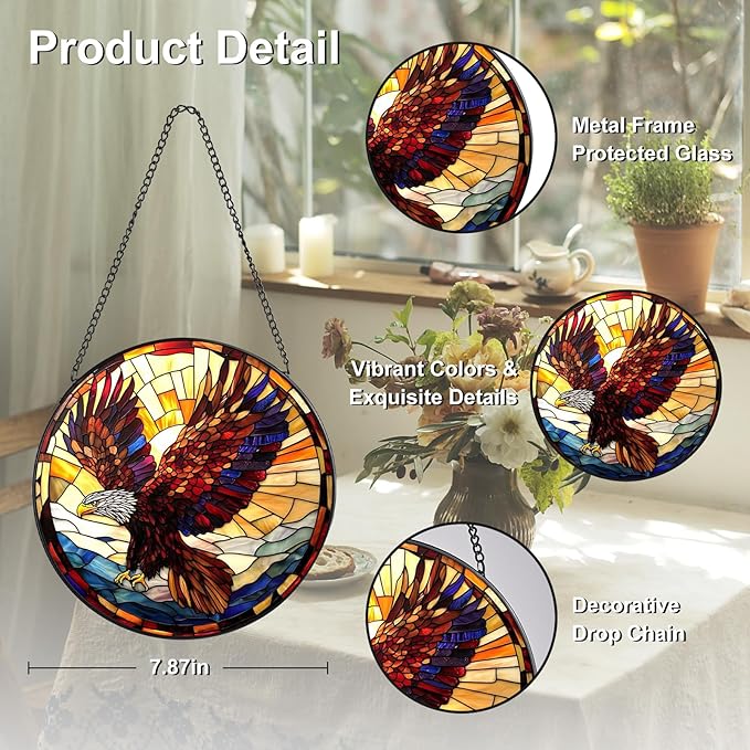 Eagle Stained Glass Window Hanging, 7.8" Round Sun Catcher Hand Painted Wall Art Decor with Chain, Unique Housewarming Gifts for Couples, Home