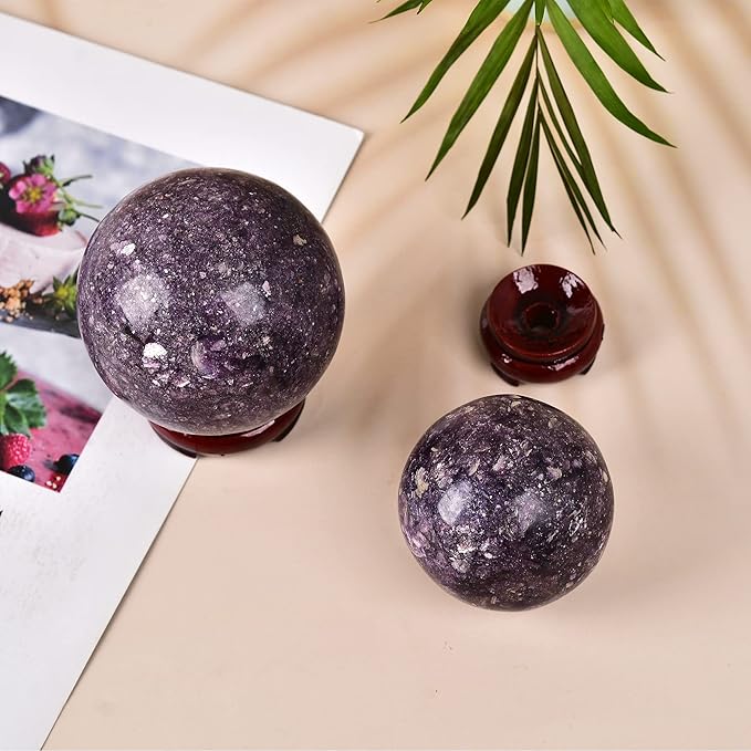JIC Gem Deep Purple Lepidolite Sphere with Stand Natural Sparkling Lithia Mica Crystal Ball Brazil Mineral Gemstone (70-80mm)