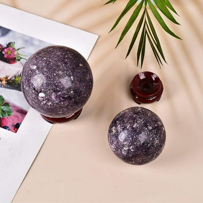 JIC Gem Deep Purple Lepidolite Sphere with Stand Natural Sparkling Lithia Mica Crystal Ball Brazil Mineral Gemstone (70-80mm)