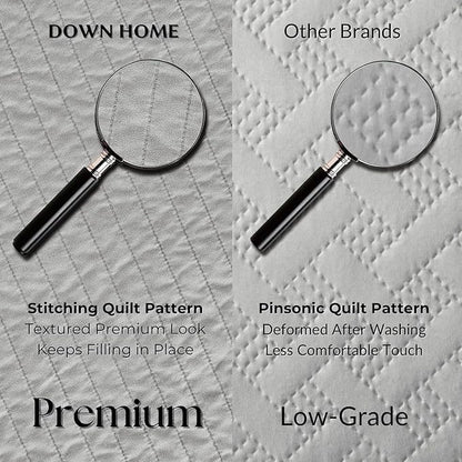 DOWN HOME King Quilt Bedding Set with Shams, Vintage Washed Soft Quilted Blanket Thin Comforter Lightweight Bedspread Coverlet Bed Cover, Brushed Microfiber Stripe Stitching, Light Gray, 104"x90"