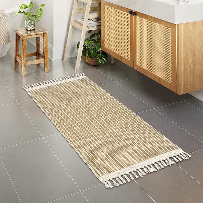 Lahome Boho Bathroom Runner Rug, 2x5 Hallway Runner Rugs Washable Rugs for Entryway Indoor Door Mat with Tassels, Farmhouse Woven Cotton Low Pile Rug Runners for Hallways Laundry Room, Khaki