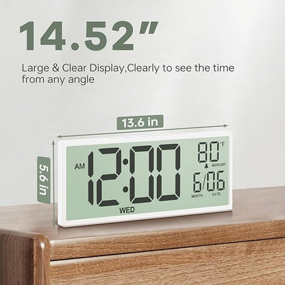 JALL 14.5" Large Digital Wall Clock Battery Operated with Big Digits LCD Screen Display, Day, Date, Alarm, Auto DST, Temperature for Living Room, Bedroom, Desk Decor, Mounted, Gift for Elderly