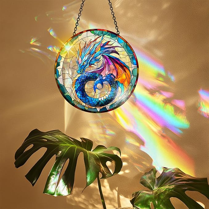 VAIIEYO Dragon Acrylic Sun Catcher Window Hanging Decoration, 7.8 Inch Double-Sided Light Reflecting Ornament for Window, Garden, Porch or Balcony Decor, Housewarming, Gift for Natural Lovers