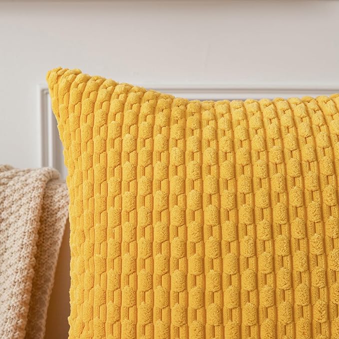 Kevin Textile Pack of 2 Velvet Pillow Covers Striped Throw Cushion Case Set Accent Corduroy Lumbar Pillowcases with Hidden Zipper for Home Decor Indoor Outdoor (12x20 Inch Yellow)