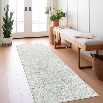 Washable Runner Rug, 2.5'x8' Vintage Kitchen Runners Non-Slip Foldable Hallway Runner Rug for Entryway, Laundry, Bedroom, Light Blue