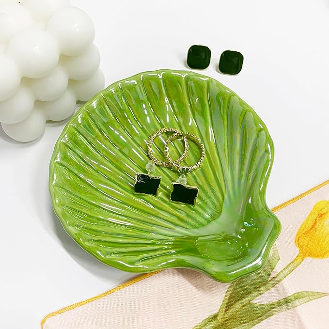 Trinket Dish Shell, Ceramic Jewelry Dish Seashell, Seashell Shape Jewelry Holder Plate for Rings Earrings Necklaces Bracelet, Decorative Tray for Mom Friend Sister, 3.9", Green Iridescent Surface