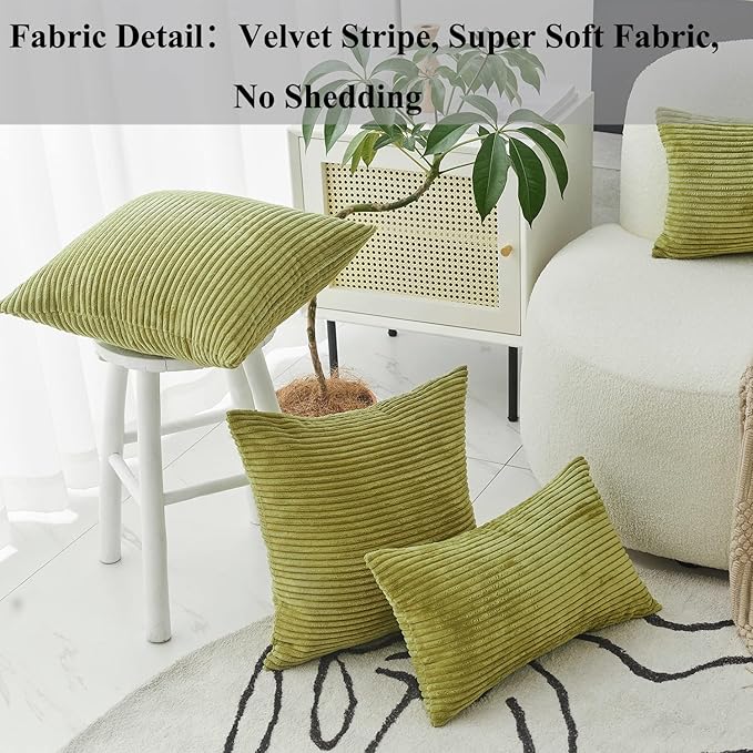 Home Brilliant Set of 2 Corduroy Spring Pillow Covers Sofa Pillows Decorative Striped Velvet Floor Pillows for Chair Couch Decor, 55cm, 22 x 22 Inch, Grass Green
