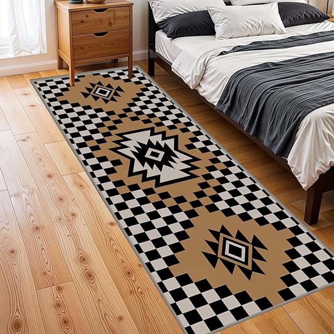 Western Aztec Long Hallway Rug Runners, 1.3x7ft, Modern Brown Diamond Check Area Carpet for Living Room, Easy Clean Fade Resistant Durable Foldable Pet Friendly Rugs for Front Door