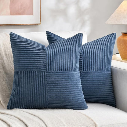 Fancy Homi 2 Packs Dusty Blue Decorative Throw Pillow Covers 16x16 Inch for Living Room Couch Bed Sofa, Farmhouse Boho Home Decor, Soft Corss Patchwork Corduroy Textured Square Cushion Case 40x40 cm