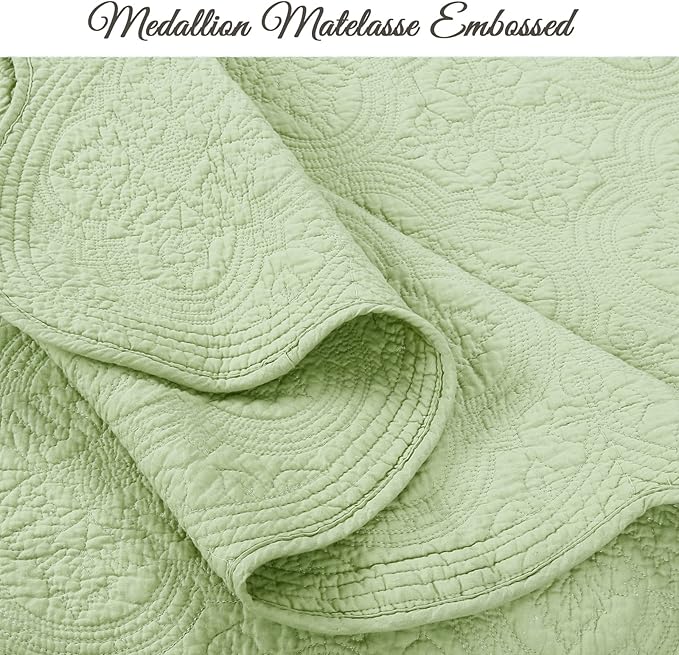 Cozy Line Home Fashions 100% Cotton Medallion Matelasse Embossed Bedding Quilt Set, Reversible Lightweight Bedspread, Coverlet for All Season (Blantyre - Green, King - 3 Piece)