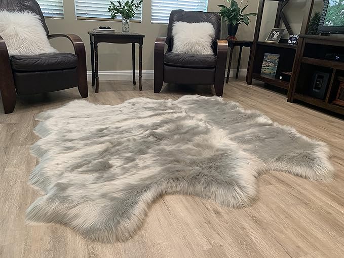 LAMBZY Faux Sheepskin Super Soft Hypoallergenic Silky Shag Rug for Living Room, Kids Room, Sofa (Sexto 6 Pelts 6'x6', Grey)
