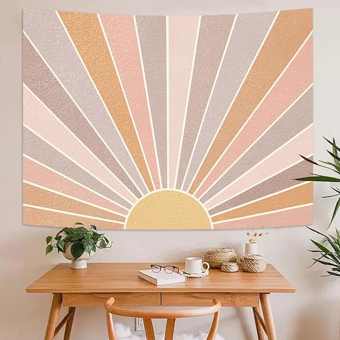 Kanuyee Boho Sun Tapestry Wall Hanging, Retro 70s Abstract Rainbow Aesthetic Sunrise Vintage Tapestries for Bedroom Living Room 44×60 inch