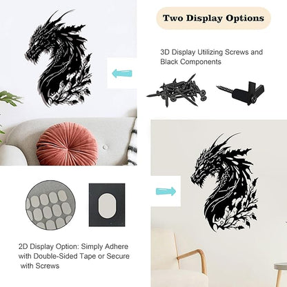 LIYAOLI 3D Dragon Wall Art Decor - Black Metal Dragon Head Sculpture for Men Cave, Western Room Decor - Unique Fantasy Gifts for Medieval Decorations, Bedroom & Living Room