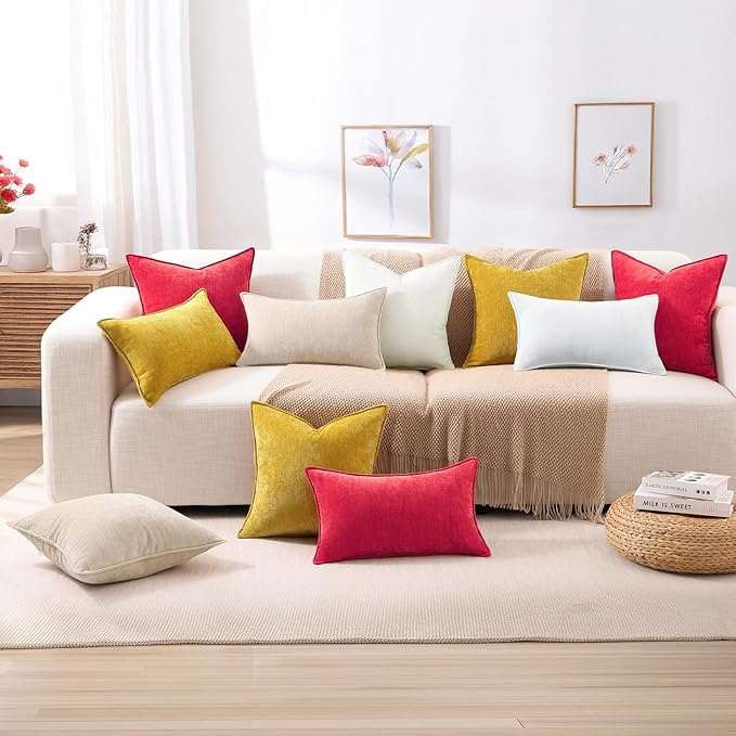 decorUhome Spring Couch Throw Pillow Covers 16x16 Set of 2, Decorative Soft Velvet Neutral Chenille Pillow Covers with Elegant Design for Sofa Bed Living Room Home Decor, Red