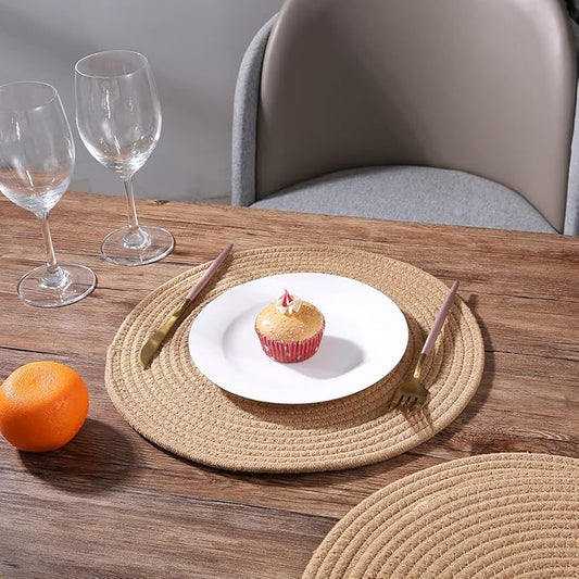 4 Pack Jute Woven Placemats, 13.8 inches Round Braided Brown Tablemats Handmade Weave Placemats Heat Resistant Non-Slip Fabric Rustic Large Plate Chargers for Dining Table