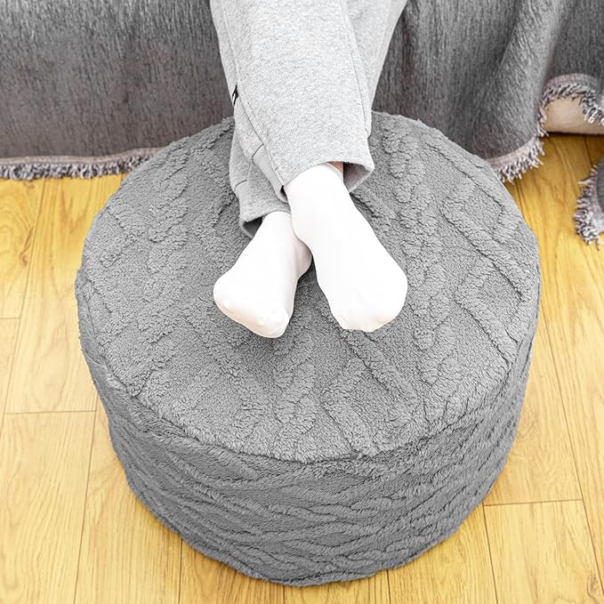 Pouf Ottoman Stuffed 20x20x12 Inches Floor Pouf Plush Fiber Ottoman Foot Rest Under Desk Foot Stool for Living Room Bedroom (Light Gray Pouf with Filler)